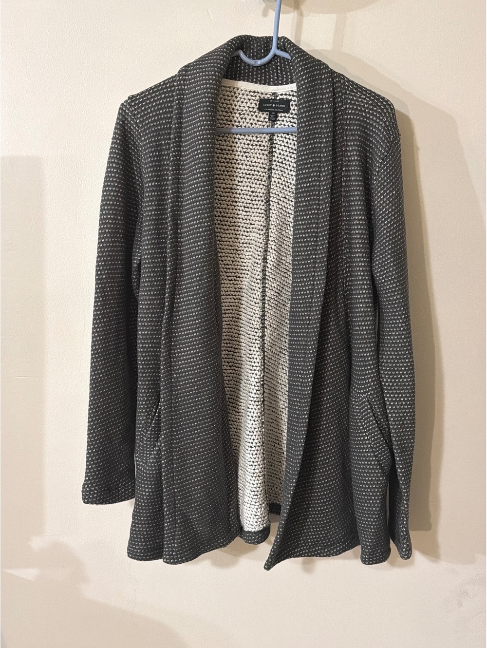 Lucky Brand Black & Ivory Shawl Collar Cardigan Sweater W Pockets size Small
